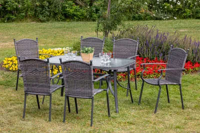 Produktbild von Merxx Gartenmöbelset "Roma" 7tlg. mit Tisch 150 x 80 cm - Aluminiumgestell Graphit mit Kunststoffgeflecht Grau