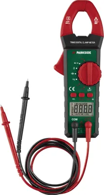 A digital clamp meter with test leads against a white background.