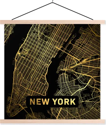 Produktbild von MuchoWow® Textilposter New York - Karte - Gold 60x60 cm mit holzfarbenen Rahmen - Wanddekoration