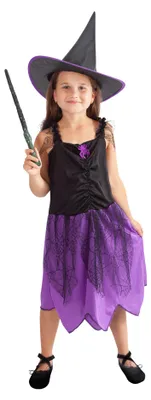 Produktbild von Kinderkostüm „Hexe“, violett, mit Hut (S), in einer Verpackungshülle