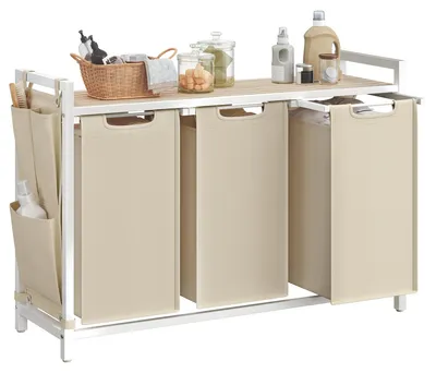 Immagine prodotto di VASAGLE, cesto per biancheria con ripiano, 120 litri, struttura in metallo, 87,7 x 33 x 72 cm – color cappuccino e beige naturale, capacità 120 litri (3 scomparti)