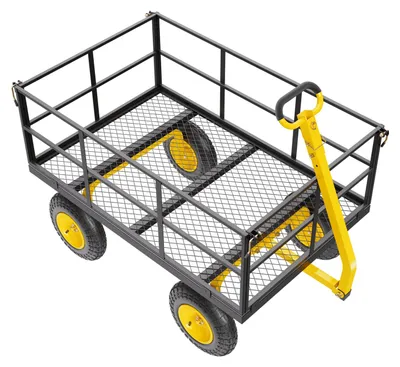 Obrázek produktu pro SucceBuy ruční vozík 116,8 x 76 x 43 cm, univerzální přepravní vozík pro zahradu a nářadí, 2 v 1 ruční vozík s terénními pneumatikami, odnímatelnými bočními síťovými díly a otočnou rukojetí o 180°