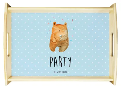 Produktbild von Mr. & Mrs. Panda Tablett Bär Party - Blau Pastell - Geschenk, Servier, Lustig, Geburtstag, Gute Laune, serviertablett holz, Geburtstagsgeschenk, Teddy, Deko, sofatablett