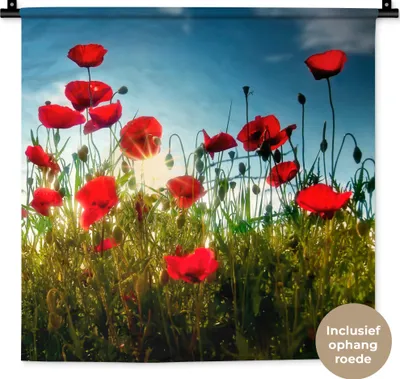 Produktbild von MuchoWow® Wandteppich Wandbehang Mohnblumen - Toskana - Sonne - Rot - Blau 60x60 cm Tapisserie Dekoration Wandtuch - Dekorationen - Wand Decke