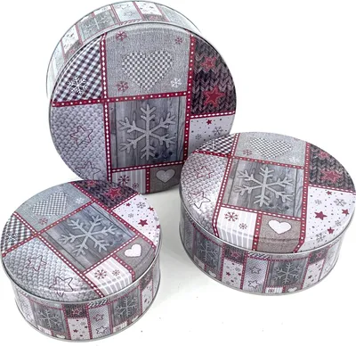 Produktbild von heimtexland ® 3er Set Gebäckdosen Keksdose Vorratsdose Weihnachten Plätzchen Geschenkbox Lebensmittel Metalldosen Typ658 Hüttenzauber