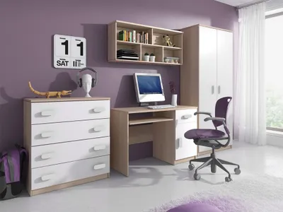 Produktbild von Kinderzimmer-Set Schrank Wandregal Kommode Schreibtisch weiße Griffe Jonas III 02 (Sonoma/Weiß)