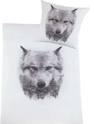 Produktbild von 2-tlg. Bettwäsche, 135 x 200 + 80x80cm, weiß, Motiv: Wolf, fotorealistischer Druck, Microfaser