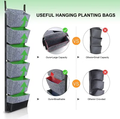Produktbild von Hängende Pflanztaschen mit 6 Taschen Vertikale Gartenarbeit Blumentöpfe Pflanzer Hängende Wand Garten Pflanztaschen Atmungsaktive Wand Pflanzer wachsende Taschen 42 x 12 Zoll