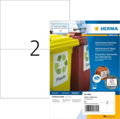 Produktbild von HERMA 4601 Wetterfeste Folienetiketten für Inkjet Drucker, 40 Blatt, 210 x 148 mm, 2 pro A4 Bogen, 80 Stück, selbstklebend, bedruckbar, matt, Klebeetiketten Aufkleber für Tintenstrahldrucker, weiß