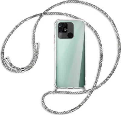 Produktbild von Handykette Backcover-Schutzhülle mit Band (Metall silberfarben) für Xiaomi Redmi 10C - weiß/grau kariert