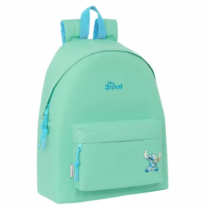 A mint green backpack with blue accents and a Stitch graphic.