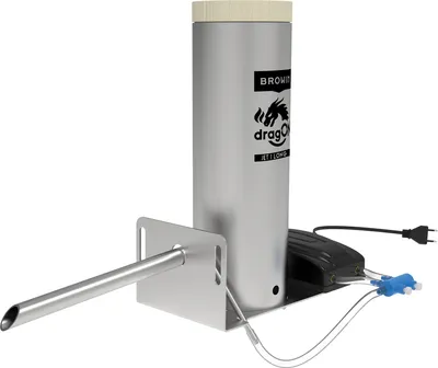 A silver smoking generator with a black base and blue connectors, shown on a white background.