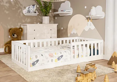 Produktbild von Kinderbett Bodenbett – Kleinkindbett aus Holz – Sichere Schlafumgebung – Mit Schutzgitter – 160x80 cm – Weiß