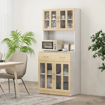 Produktbild von Sweiko Küchenschrank Hochschrank Küchenbuffet mit Glastüren Geschirrschrank Esszimmerschrank mit 2 Schubladen und 2 Schränken Weiß+Natur 80 x 40 x 180 cm