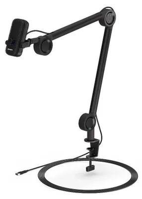 A black microphone on an adjustable arm stand with a clamp base.