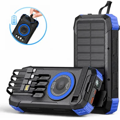 Image de Batterie externe solaire 20000mAh Linomag®, charge rapide PD 22,5W, charge sans fil 5W, 5 modes de charge, 4 câbles intégrés, 3 ports, manivelle 360°, lampe de poche LED, boussole, couleur bleue