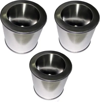 Three identical metal containers are arranged in a triangular formation against a white background.