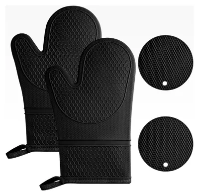 Produktbild von Set von Ofenhandschuhen, 1 Paar Silikonhandschuhe mit 2 Topflappen, rutschfeste Kochhandschuhe, hitzebeständige Topfhandschuhe für Küche, Kochen, Backen und Grillen