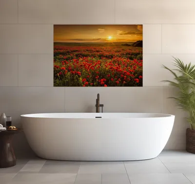 Produktbild von Wallario wasserfestes Poster selbstklebend 70 x 100 cm, Mohnblumenwiese bei Sonnenuntergang am Abend, Badezimmerposter Spritzschutz mit Hochglanzoberfläche in Glasoptik