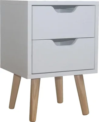 A white nightstand with two drawers and wooden legs, shown from a three-quarter angle against a white background.