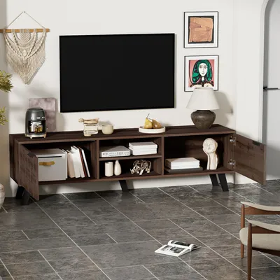Produktbild von okwish TV-Schrank Fernsehschrank Lowboard mit 2 Türen und zwei offene Fächer,Fernsehbank Mediengeräte mit Dämpfungsscharnieren,dunkelholz
