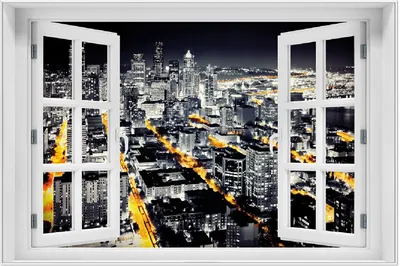 Produktbild von Wallario Wandbild mit Fenster-Illusion: Großstadt bei Nacht - Seattle in schwarz weiß gelb, Größe: 61 x 91,5 cm, Poster mit weißem Aluminiumrahmen