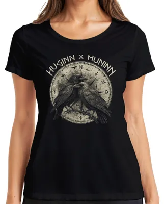 Obrázok produktu pre Huginn Muninn Viking Raven Odin Vegvisir Runes Gothic Nordic Dámske tričko, čierna, S