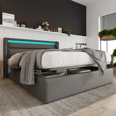 Produktbild von okwish Polstebett 160x200cm Doppelbett mit hydraulischem Stauraum,Bettgestell mit Lattenrost, Bettkasten und LED-Beleuchtung, Grau (ohne Matratze)