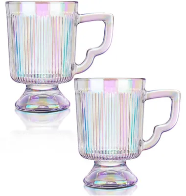 Immagine prodotto di Set di 2 bicchieri da tè con decorazioni ondulate, capacità 350 ml, colori arcobaleno, con manico. Ideali per cappuccino, vin brulé, acqua, in stile vintage