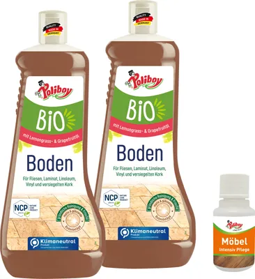 Produktbild von Poliboy Boden Pflege 2er + Möbel Probe - sorgfältige Reinigung und Frische für alle Böden und Flächen - Vegan - 1L - 99A3001