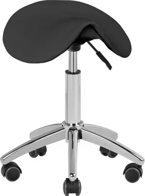 A black saddle stool with a chrome base and wheels, shown from a front-side angle against a white background.