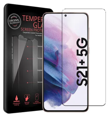 A product packaging for a screen protector set for a Samsung Galaxy S21 Plus.