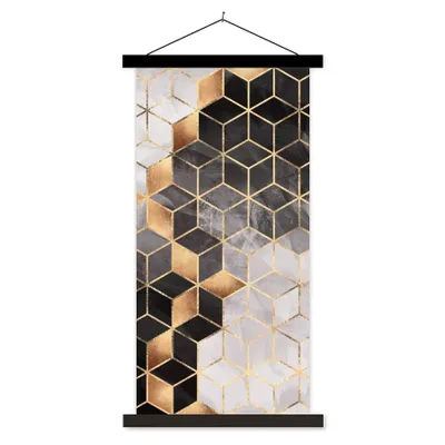 Produktbild von MuchoWow® Textilposter Abstrakt - Würfel - Gold - Muster - Schwarz - Weiß 40x80 cm mit schwarzem Rahmen - Wandemalerei