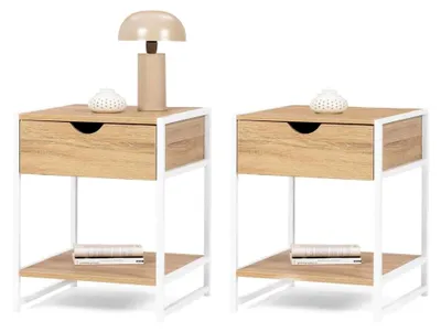 Produktbild von 2 Nachttische Detroit mit 1 Schublade und Ablage aus Holz und Metall in Weiß, Industriedesign