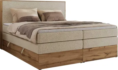 Produktbild von MKS MEBLE Boxspringbett WOOD CLASSIC KING, Doppelbett mit zwei Multipocket-Matratze und Topper T25, hohe Kopfteil, Stauraum - 180 x 200 cm - H3 - Creme Struktur
