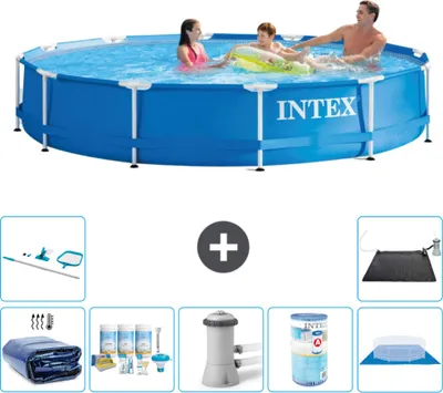 Produktbild von Intex-Schwimmbecken mit rundem Rahmen – 366 x 76 cm – Blau – im Lieferumfang enthalten Sonnensegel - Wartungspaket - Filterpumpe für Schwimmbad - Filter - Bodenplane - Reinigungskit
