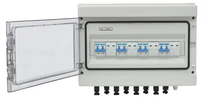 Immagine prodotto di Scatola combinatrice per stringhe solari - Scatola di distribuzione FV - 4 stringhe - 40 A - 1000 V CC - Protezione da sovratensione - Interruttore magnetotermico - Involucro impermeabile - Bianco