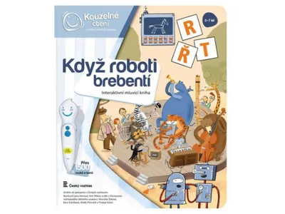 A children's interactive book about robots playing music, with a pen-like device for interaction.