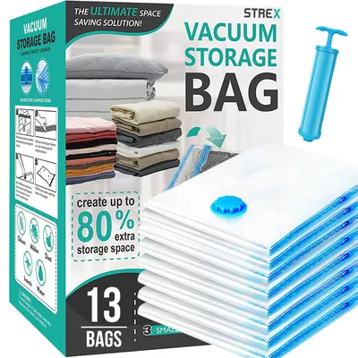 Produktbild von Strex Vakuumbeutel Steppdecken & Kleidung - 14 Stück / 4 Größen - Reisebeutel / Vakuumbeutel - Inkl. Handpumpe