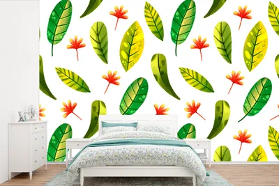 Produktbild von MuchoWow® Fototapete für Wohnzimmer oder Schlafzimmer Wandtapete Vinyl Motivtapete Dschungel - Blätter - Rot - 330x220 cm - Fototapeten