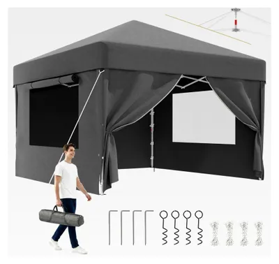 Produktbild von Wasserdichter Pavillon 3x3m Stabil Winterfest, Pop Up Faltpavillon mit 2 Seitenteilen und 2 Fenstern mit Netzbelüftung, Faltbares Partyzelt für den Garten, Grau