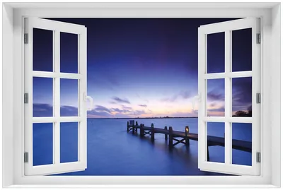 Produktbild von Wallario Premium Glasbild mit Fensterrahmen, freischwebende Optik, kräftige Farben, Größe 60 x 90 cm Motiv Steg bei Abenddämmerung - Blauer Himmel bei Nacht