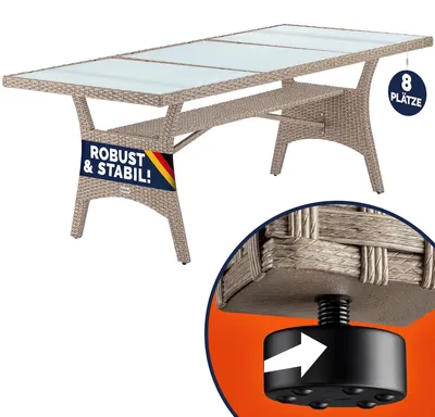 Produktbild von CASARIA® Polyrattan Gartentisch 190x90x74 cm mit Ablage Glas Tischplatte Höhenverstellbar Wetterfest Garten Terrasse Balkon Esstisch Gartenmöbel Creme