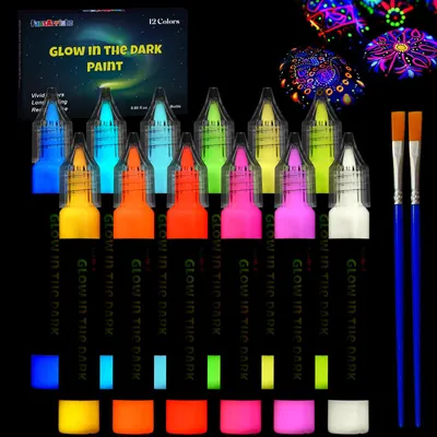 Image de Peinture lumineuse - Fluorescente, brille dans le noir - Idéale pour la création artistique - 12 couleurs, 20 ml par pot