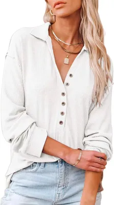 Produktbild von ASKSA Damen Baumwolle Blusen V-Ausschnitt Tops Langarm Einfarbig Knopf Tunika Shirts Oberteile, Weiß, XXL