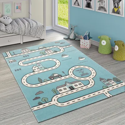 Produktbild von Kinderteppich Kinderzimmer Modern Lernteppich Straße Auto Haus Design In Blau Grösse 80x150 cm