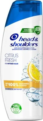 A bottle of Head & Shoulders Citrus Fresh shampoo against a white background, with graphics of lemon slices and water bubbles.