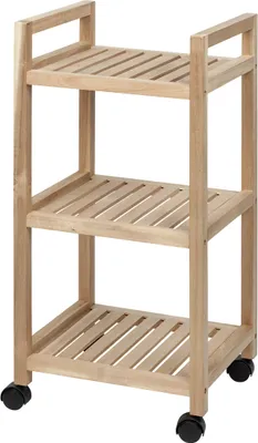 A wooden three-tier rolling cart.