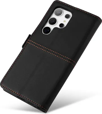 A black leather flip wallet phone case for a Samsung Galaxy S25 Ultra is shown from a diagonal angle against a white background.
