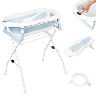 Produktbild von moovkee Babybadewanne mit Gestell 80cm Blau Faltbar mit Thermometer, Badesitz und Abflusssystem – Babywanne für Neugeborene mit Ständer